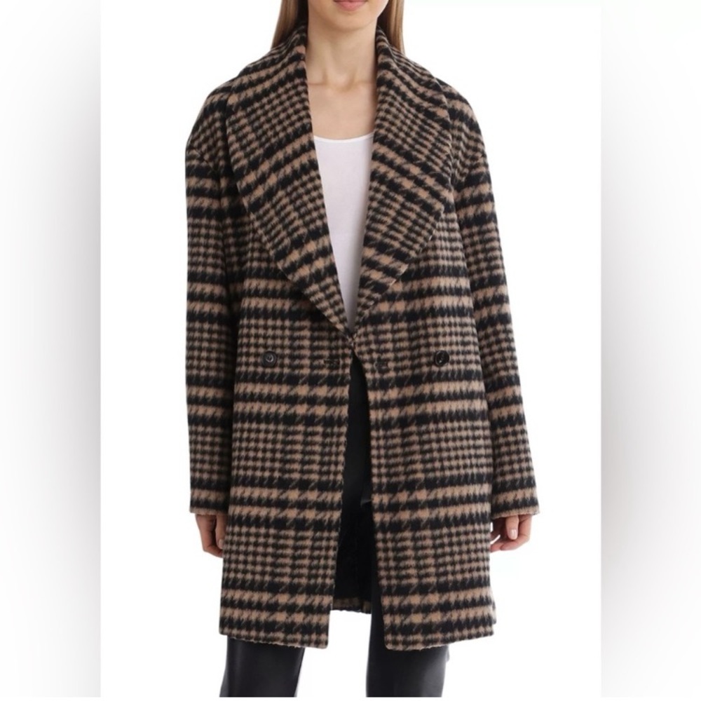 Avec Les Filles Black and Brown Pea Coat with Notched Lapels